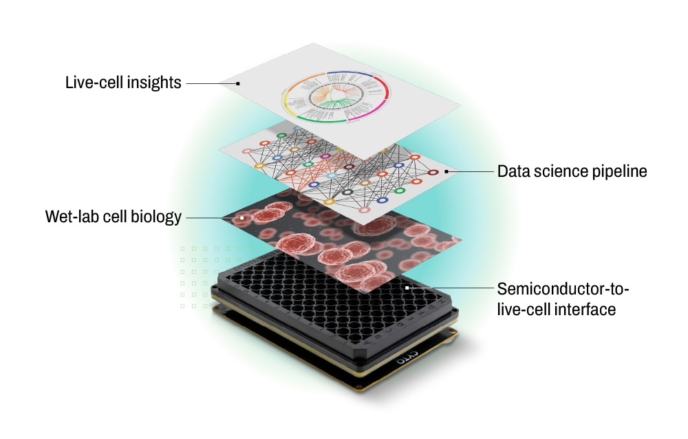 Graphic showing Pixel 96-well plate and images of wet-lab biology, data science pipeline and data on live-cell insights